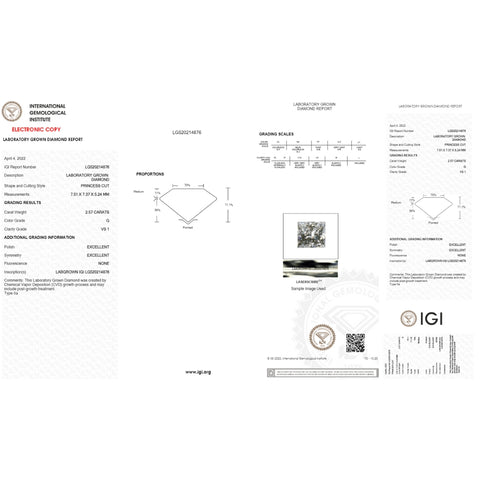 G/VS1 2.57Ct Princess Cut Diamond Certified Solitaire Necklace Lab Grown 14k