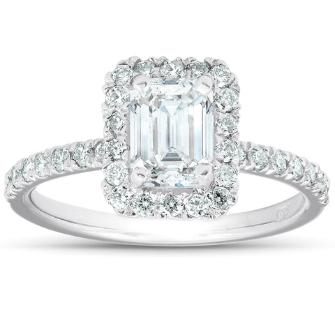 1 1/2 Ct Emerald Cut Diamond Halo Engagement Ring 14k White Gold Enhanced