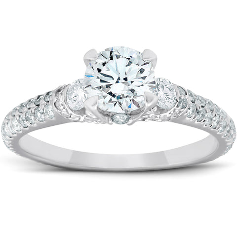 1 1/2 Ct Diamond Three Stone Engagement Pave Ring 14k White Gold
