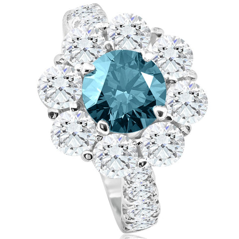 3 1/2Ct TW Blue & White Diamond Halo Engagement Ring 14k White Gold Lab Grown