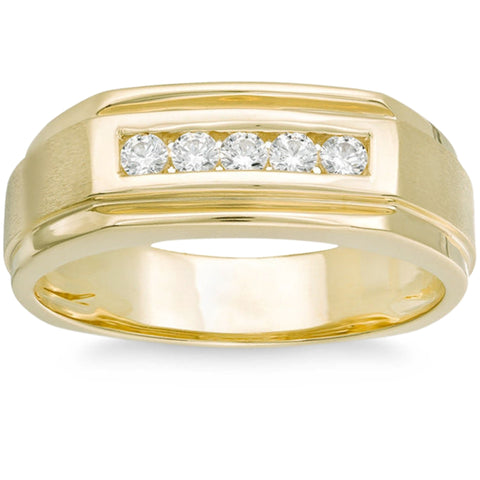 1/2Ct Men's Five Stone Diamond Brushed Ring in 14k Yellow Gold