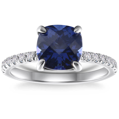 VS 2 1/3Ct TW Cushion Blue Sapphire & Diamond Ring in 14k White Gold