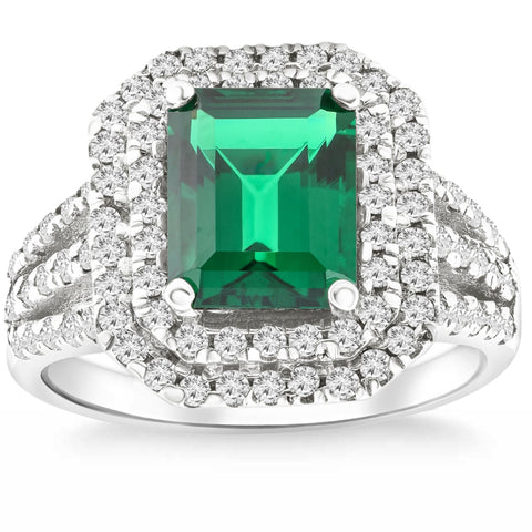 VS 4 1/2Ct TW Emerald Cut Emerald & Lab Grown Diamond Ring in 14k White Gold