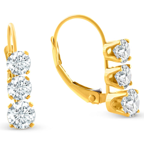 1/2ct TW 3-Stone Real Diamond Women's Lever Back Earrings 14K Yellow Gold