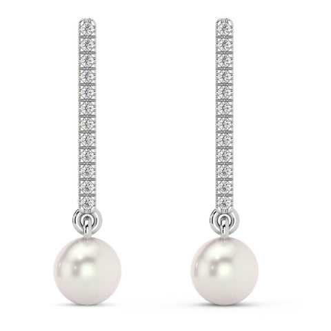 6mm Pearl & Diamond Dangle Earrings Women's 14k Gold Earrings Lab Grown 1" Tall