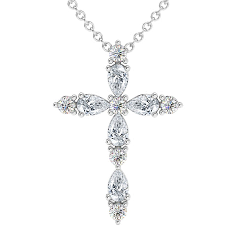 F/VS .75Ct Diamond Cross Round & Pear Shape 14k Gold Necklace Lab Grown 1" Tall
