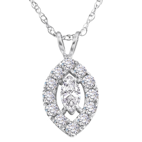 3/8 Ct Natural Marquise Halo Diamond Pendant 14K White Gold Necklace 1/2" Tall