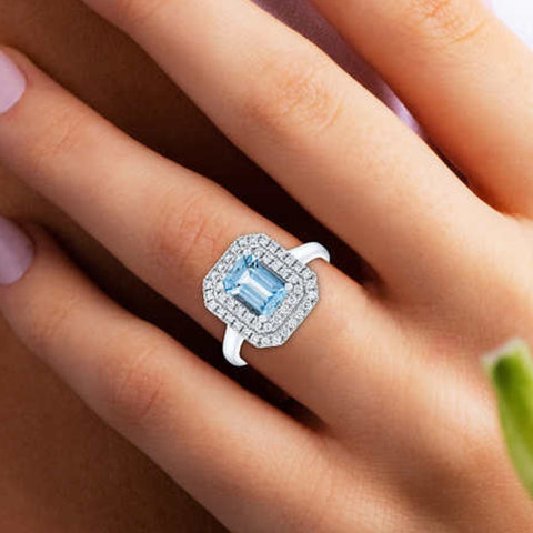 8x6mm Aquamarine & Diamond Halo Ring 14k White Gold