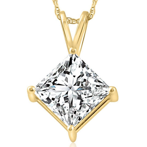 I/VS2 3Ct Certified Princess Cut Diamond Pendant 14k Yellow Gold Lab Grown