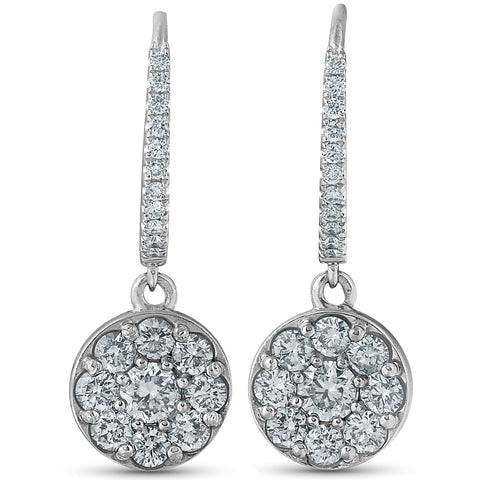 1.15ct Dangle Diamond Halo Earrings Womens 18k White Gold Hoops