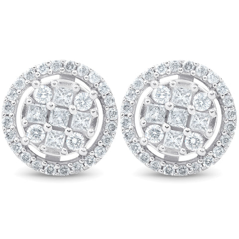 5/8 CT Princess Cut Diamond Halo Screw Back Studs 10K White Gold 9.5MM Earrings