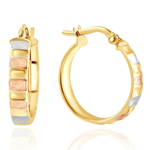 14k Yellow Gold 4mm Small Tri-Color Hoops Women's Earrings 3/4" Tall 1.35grams