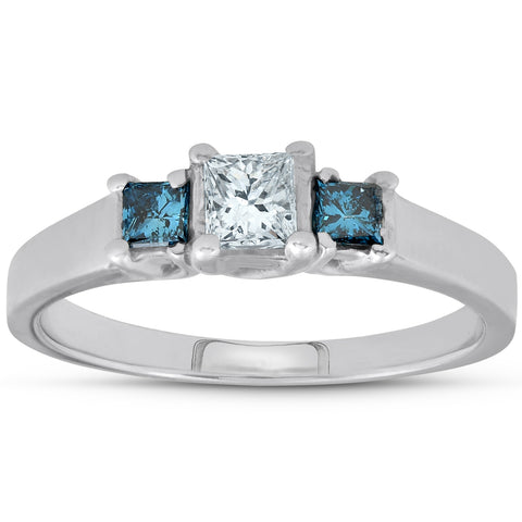 1/2ct Princess Cut Blue & White Diamond 3-Stone Engagement Ring 14K White Gold
