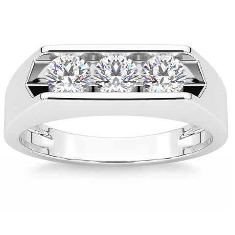 1 1/2ct Diamond Three Stone Mens Wedding Ring in White or Yellow Gold 14k