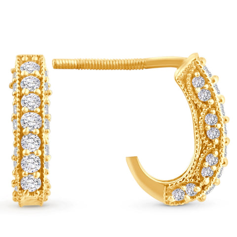 1/2ct Vintage Pave Hoops Womens Earrings 14K Yellow Gold