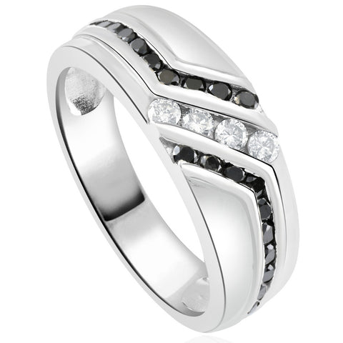 1 Ct TW Mens Black & White Diamond Wedding Band 10k White Gold Ring