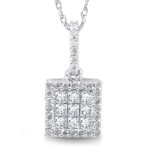 1/4 cttw Princess Cut Pave Diamond Halo Pendant 10K White Gold 1/2" Tall
