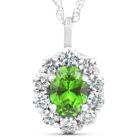 1 3/4ct Oval Peridot & Genuine Diamond Halo Pendant 14K White Gold