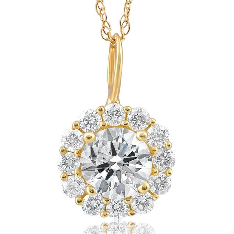 1 Ct Halo Diamond Pendant 14k Yellow Gold 18" Chain Necklace