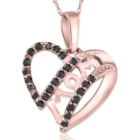 Black Diamond Mom Heart Pendant Necklace in White, Yellow, or Rose Gold