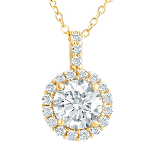 VS 1 1/4Ct Halo Diamond Moissanite Pendant Necklace 14k Yellow Gold 1/3" tall