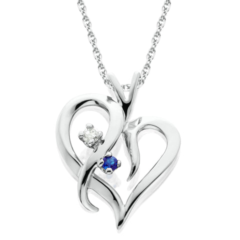 Blue Sapphire & Diamond Heart Pendant 14 KT White Gold With 18" Chain 16.63mm