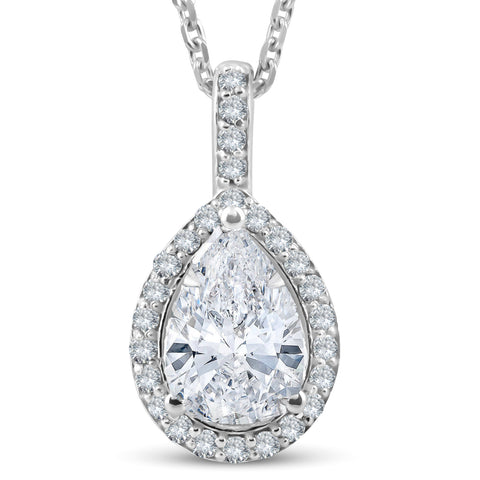 1 1/4Ct Pear Shape Halo Diamond Pendant 14k White Gold Necklace Lab Grown