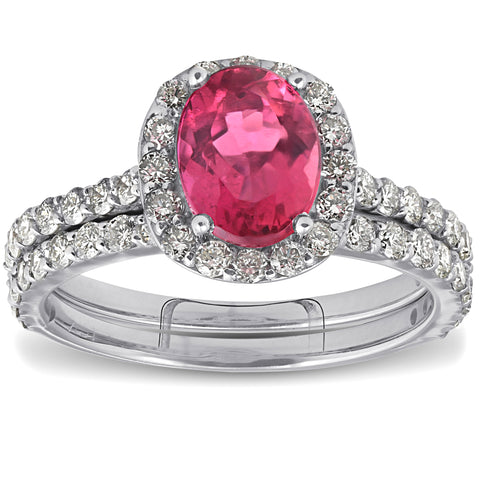 2.28ct Pink Tourmaline Oval Halo Diamond Engagement Wedding Ring 18k White Gold