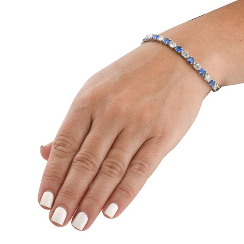 11 1/2Ct Blue Sapphire & Natural Diamond Tennis Bracelet in 14k White Gold 7"