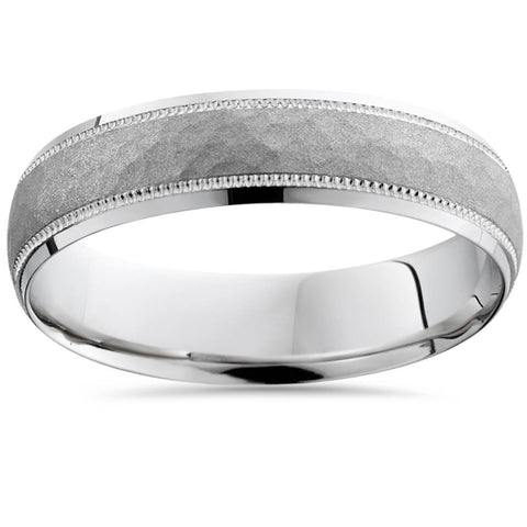 14K White Gold Mens Hammered Textured 5mm Wedding Ring