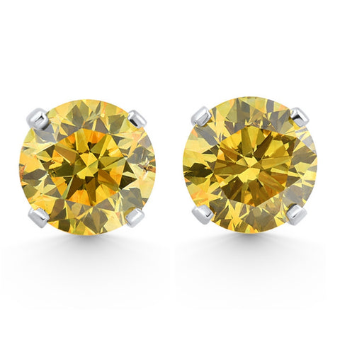 1 Ct TW Fancy Yellow Round Diamond Studs 14k White Gold Lab Grown
