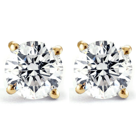 2Ct TW Round Cut Natural Diamond Studs With Screw Backs 14k Yellow Gold