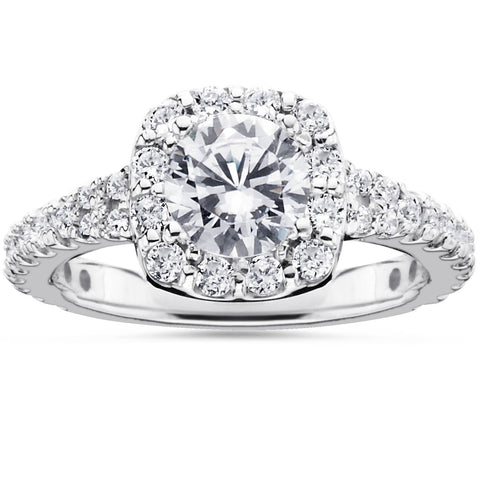 1 1/2ct Cushion Halo Diamond Engagement Ring 14K White Gold Round Brilliant Cut