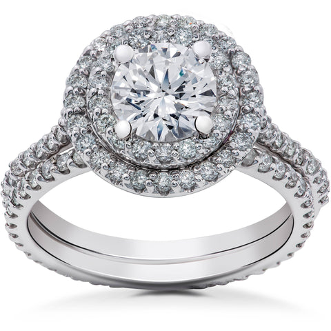 2 ct Round Halo Diamond Engagement Ring Setting & Matching Eternity Band 14k