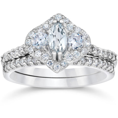 1 3/4ct 3-Stone Halo Enhanced Marquise Diamond Engagement Wedding Ring Set 14WG