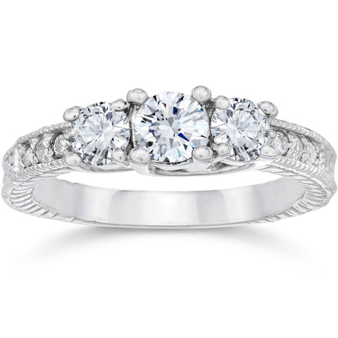 1 1/4ct Vintage 3 Stone Round Diamond Engagement Ring 14K White Gold