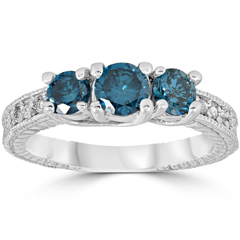 1 Carat Blue Diamond Vintage 3 Stone Engagement Ring 10K White Gold