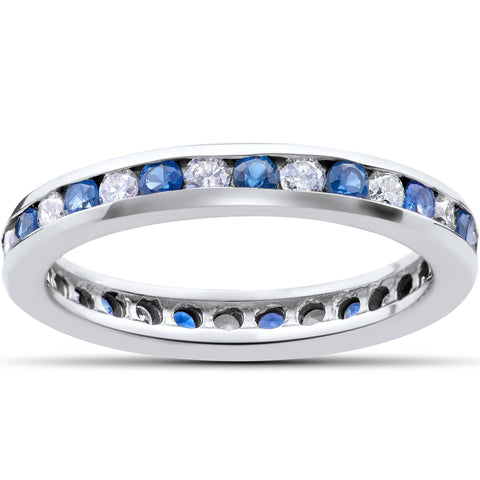 1 1/2 ct Diamond & Sapphire Eternity Ring 14K White Gold Womens Channel Set Band