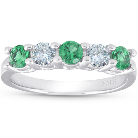 3/4ct Simluated Emerald & Diamond 5-Stone Wedding Ring 14K White Gold