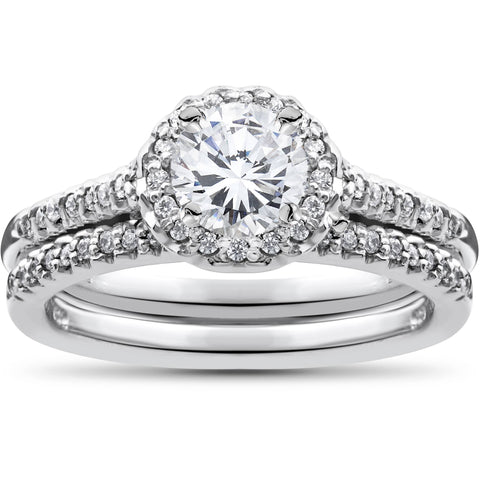 3/4ct Halo Round Cut Natural Diamond Engagement Ring Set 14K White Gold