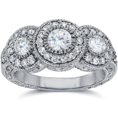1 1/2ct Vintage Three Stone Diamond Engagement Ring 14K White Gold