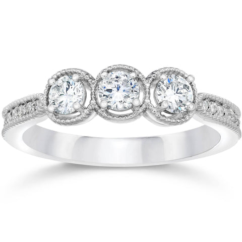 1/2 Carat Vintage 3-Stone Diamond Engagement Ring 10K White Gold