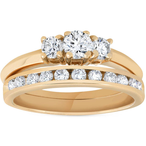 14k Yellow Gold 1ct Diamond Engagement Wedding Ring Set 3Stone Channel Set Round