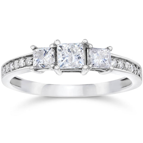 3/4ct Three Stone Princess Cut Diamond Engagement Ring 14K White Gold
