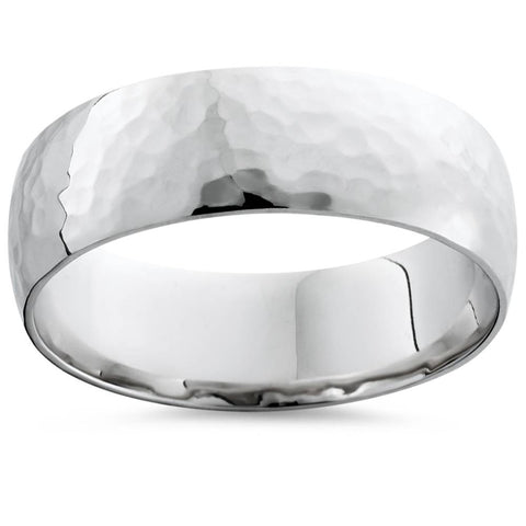 Men's Polished Hammered Solid Platinum Wedding Band 6mm Wide Ring