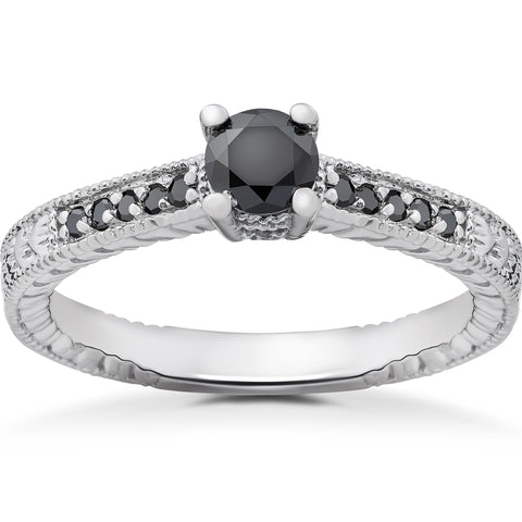 1/2 ct Black Diamond Vintage Engagement Ring 14k White Gold