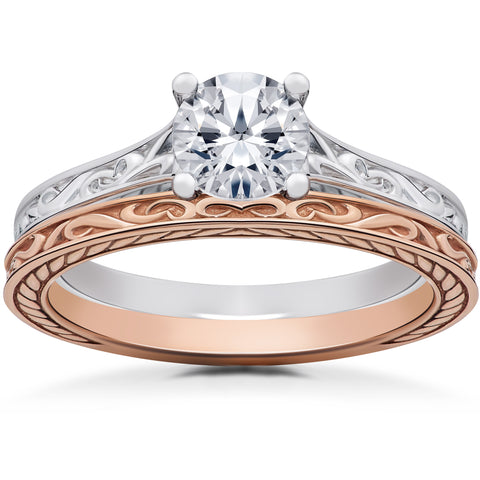 1 ct Vintage Scroll Solitaire Engagement Ring & Wedding Band White & Rose Gold