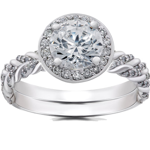 GSI 1 ct Diamond Halo Engagement Ring & Matching Band Lab Grown 14k Gold