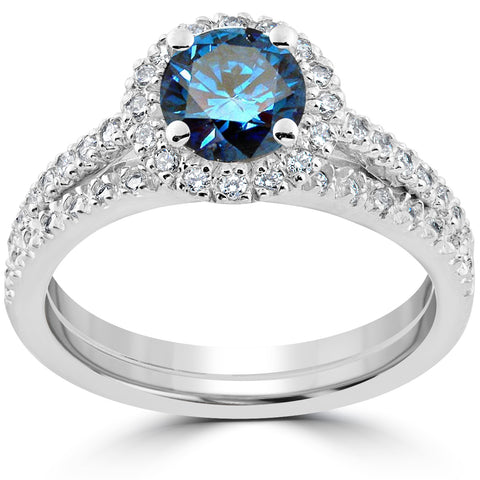 1 1/2 ct Blue Diamond Halo Engagement Wedding Ring Set 14k White Gold Treated