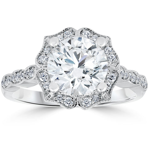 2 ct Diamond Engagement Ring Vintage Halo Milgrain 14k White Gold Enhanced